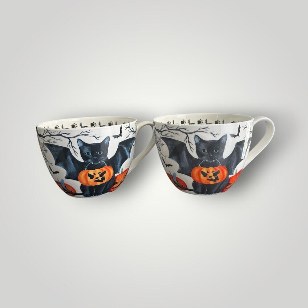 Portobello By Design Bat Cat Halloween Mugs - set of 2